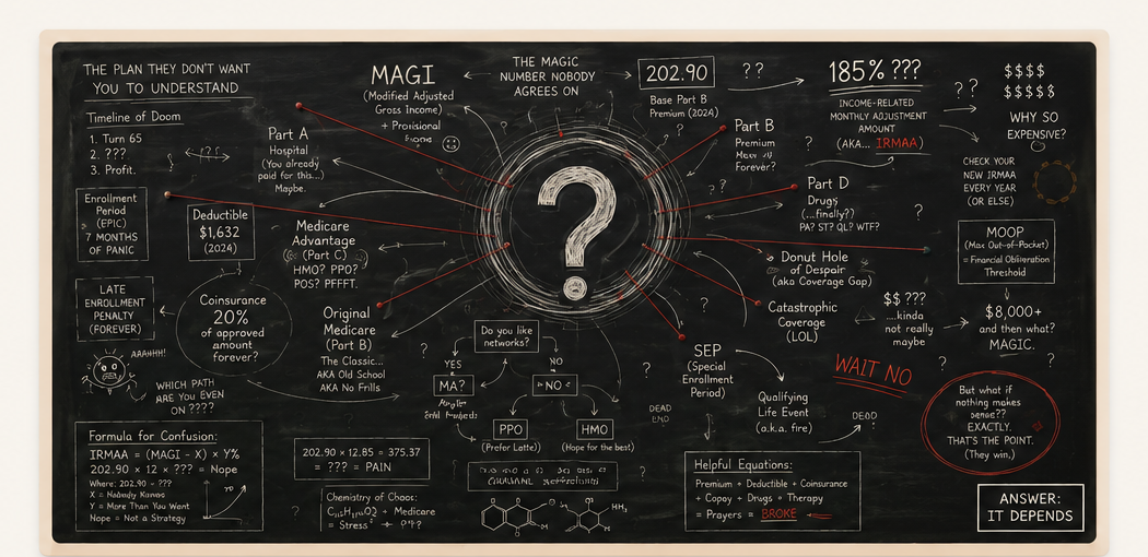 Chalkboard covered in Medicare jargon, arrows, and question marks — the confusion we're here to undo